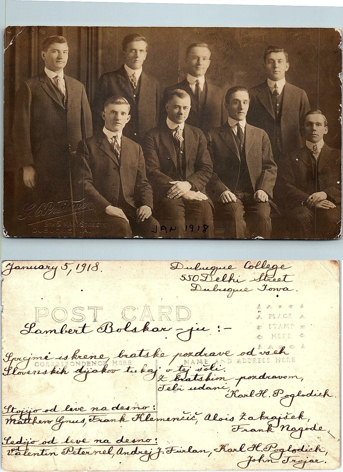 Dubuque College 1918  RPPC Dubuque Iowa Real Photo Names on Back