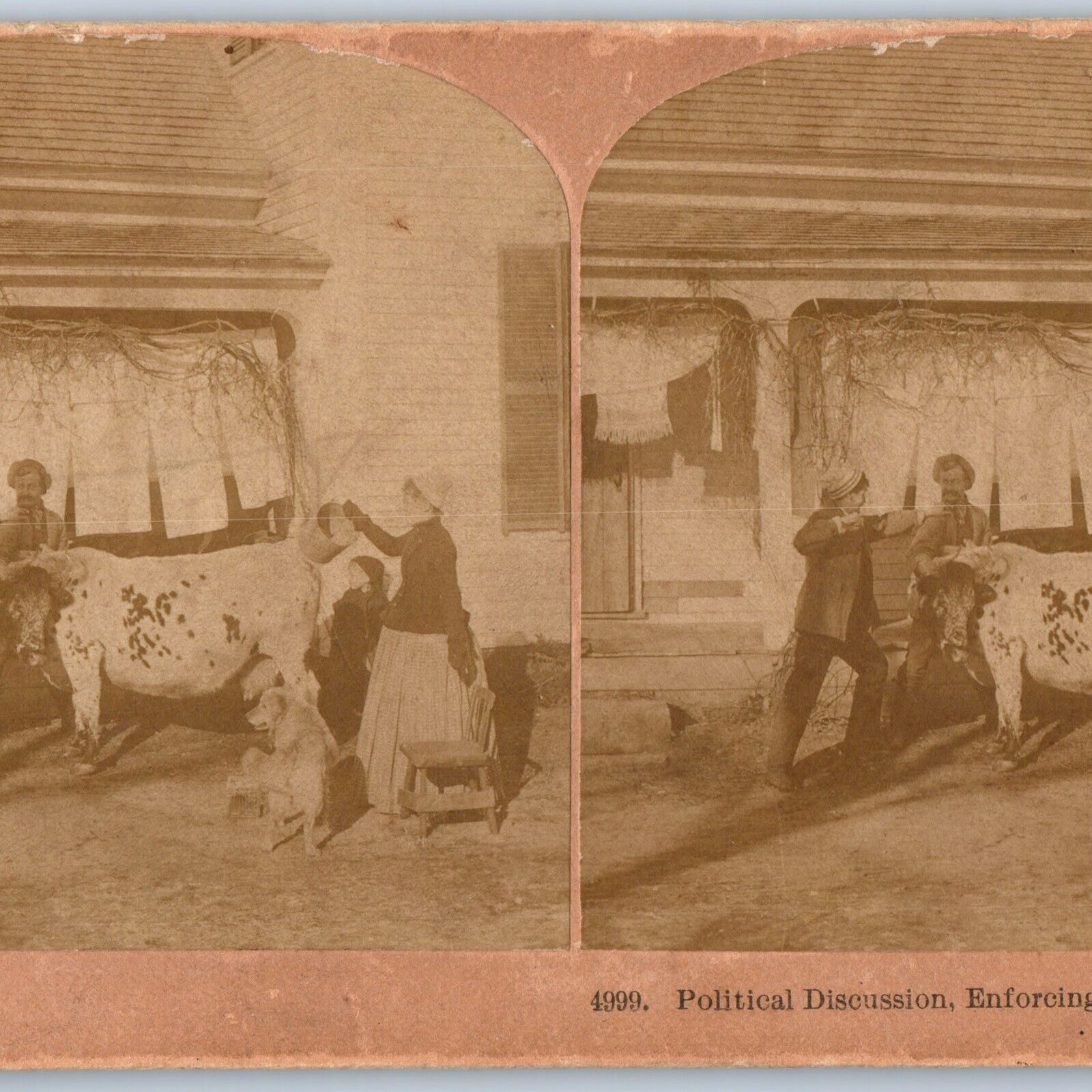 1889 Family House Fight on Cow Dog Political Discussion Stereo Photo Kilburn V24