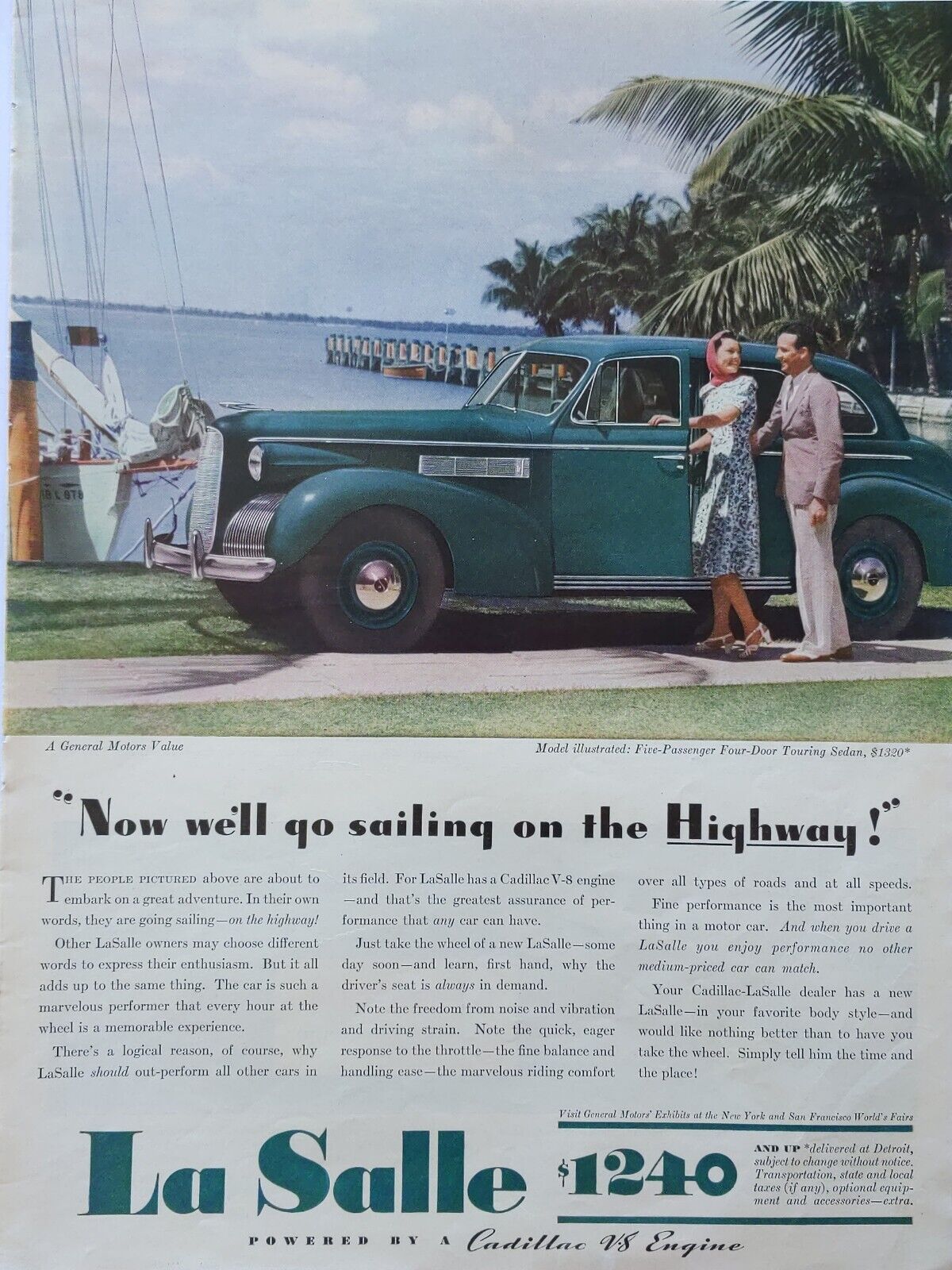 1939 vintage Lasall print ad. Now we\'ll go sailing on the highway