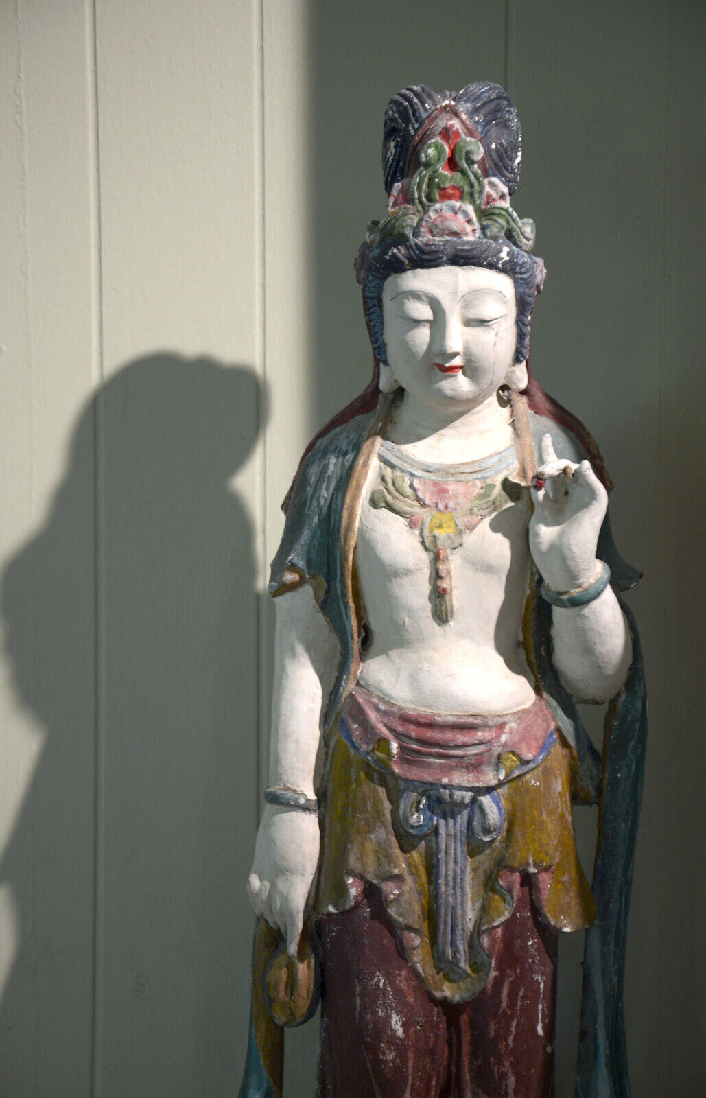 Guanyin Chinese Wood Carved Polychrome Bodhisattva Figure - 19th C Antique