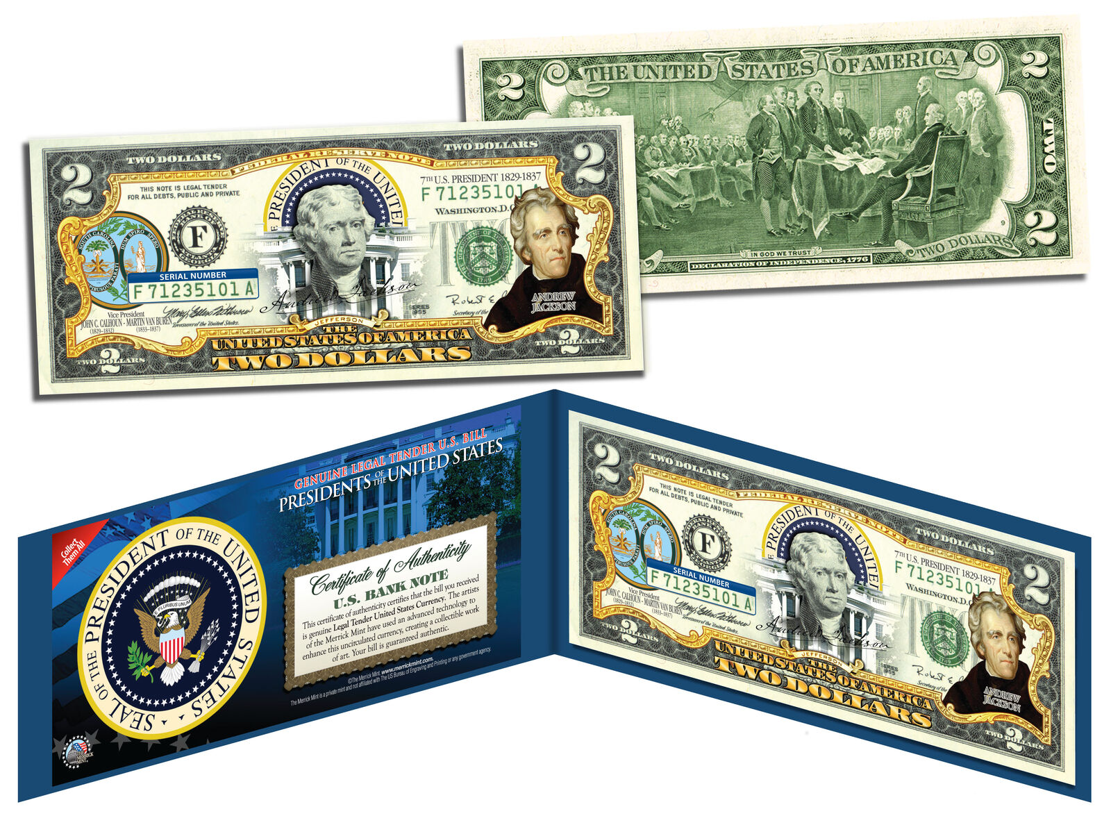 ANDREW JACKSON * 7th U.S. President * Colorized $2 Bill US Genuine Legal Tender