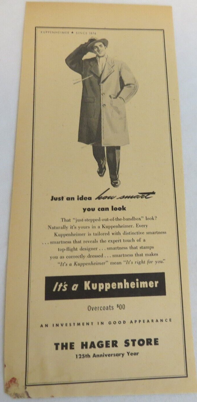 Kuppenheimer Men\'s Coat Print Ad The Hager Store Advertising Vintage Fashion