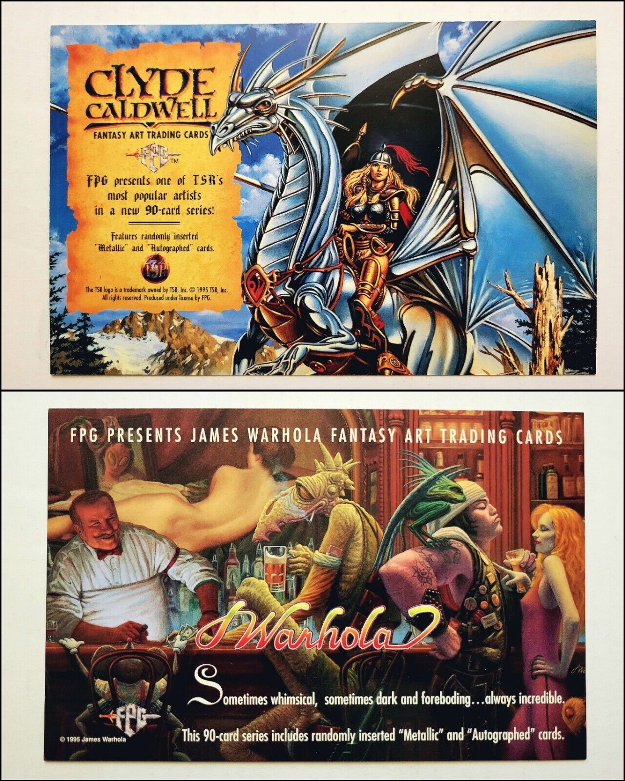 1995 FPG Fantasy Art Series CLYDE CALDWELL & JAMES WARHOLA 8x4 Dealer Promo Card