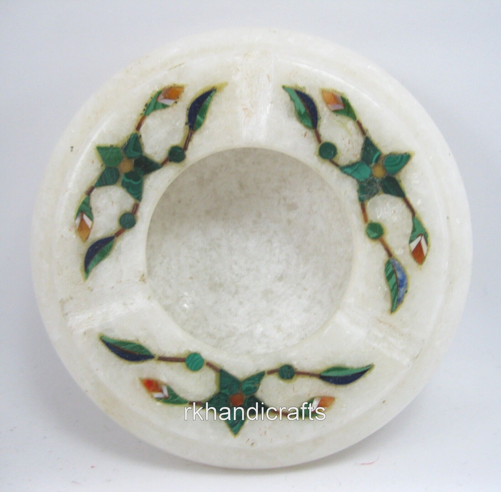 4 Inches Malachite Gemstone Inlay Work Ash Tray Marble Table Decor Master Piece