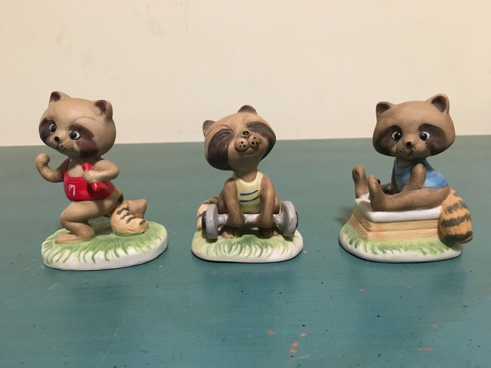 3 Vintage Enesco Exercising Sports Raccoon Figurines 3\