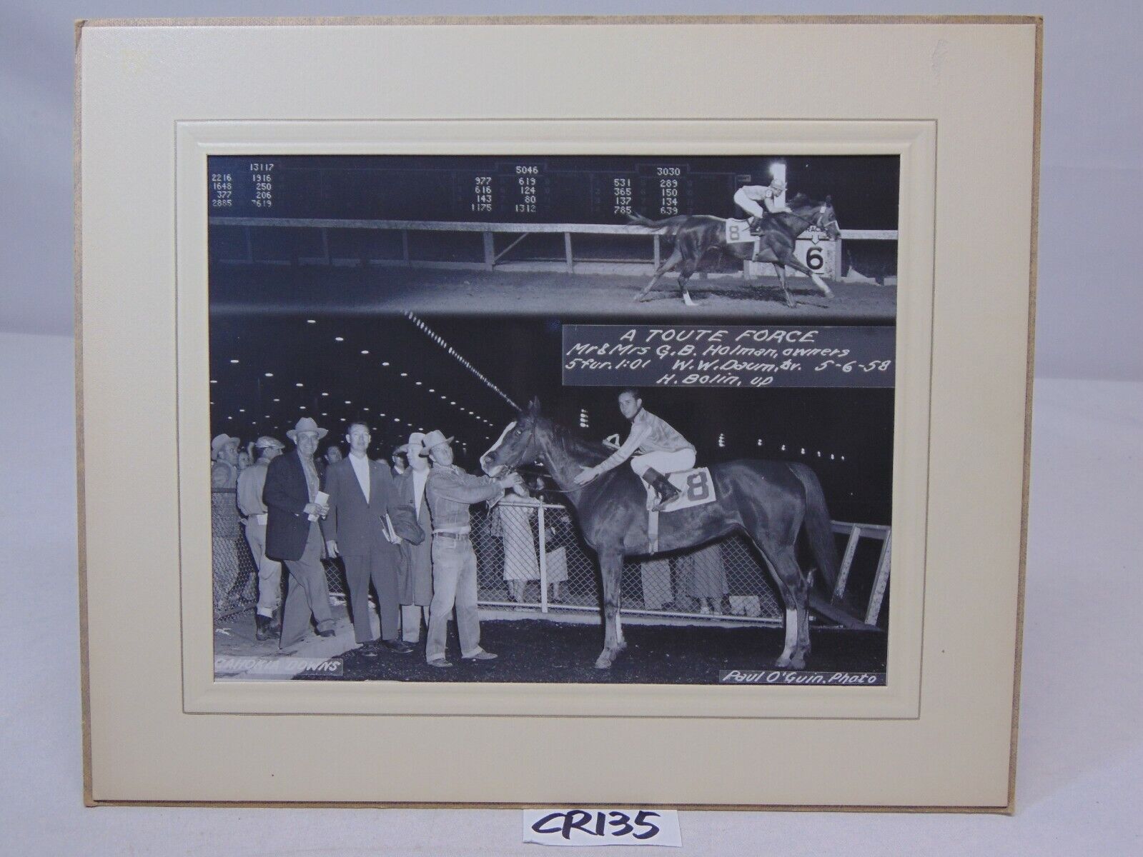 5-6-1958 PRESS PHOTO JOCKEYS ON HORSES RACE AT CAHOKIA DOWNS-A TOUT FORCE-BOLIN 