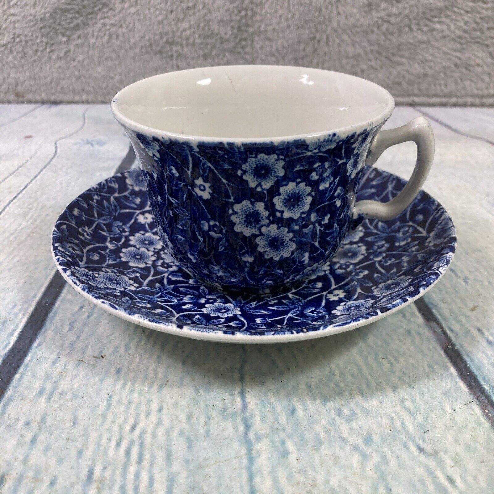 Calico Flat Cup and Saucer Blue White Tea Coffee Flowers Made in England / L2