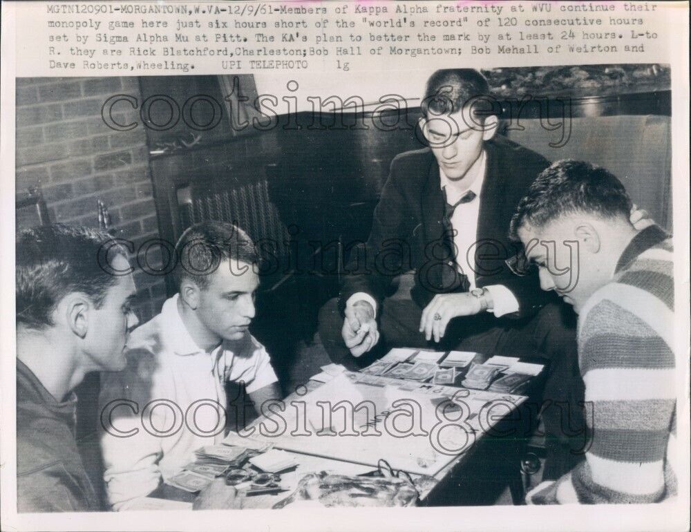 1961 Press Photo Kappa Alpha Members Play Monopoly West Virginia University