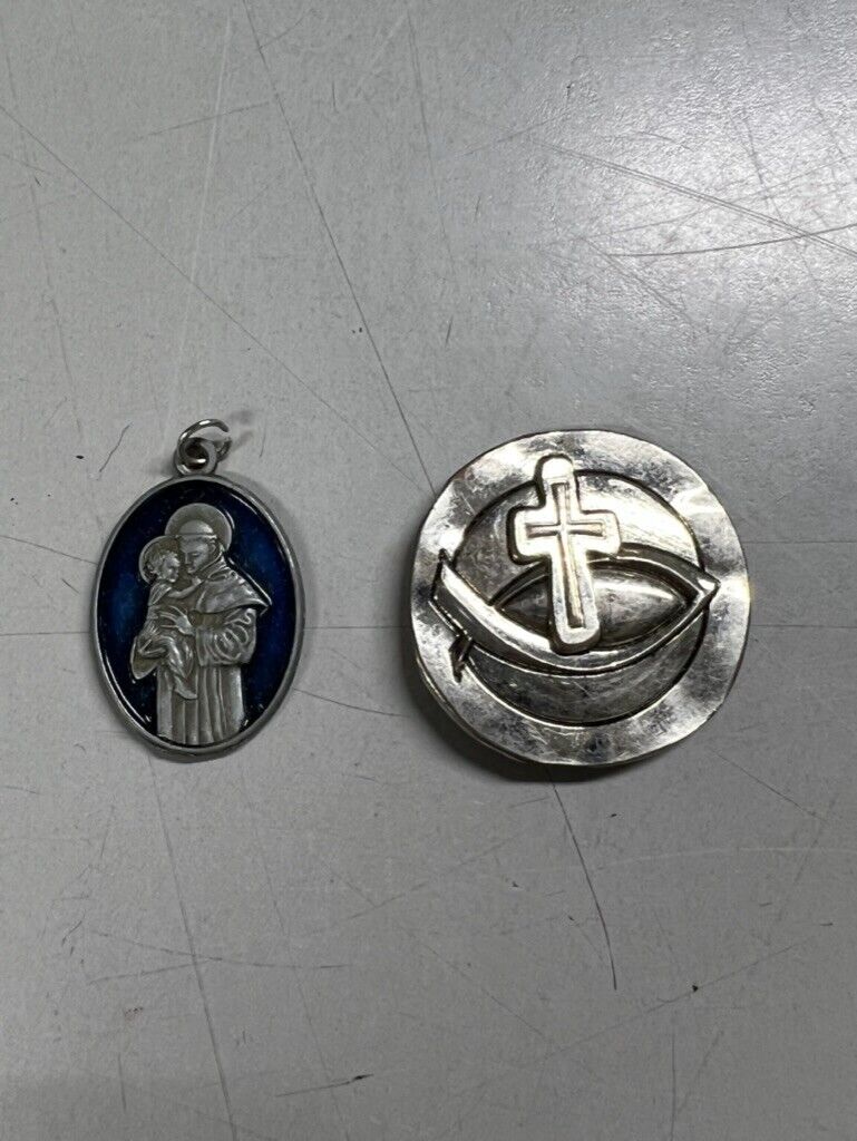 Vintage St Anthony Silver Toned Charm Pendant - Blue Enamel + Christian Coin