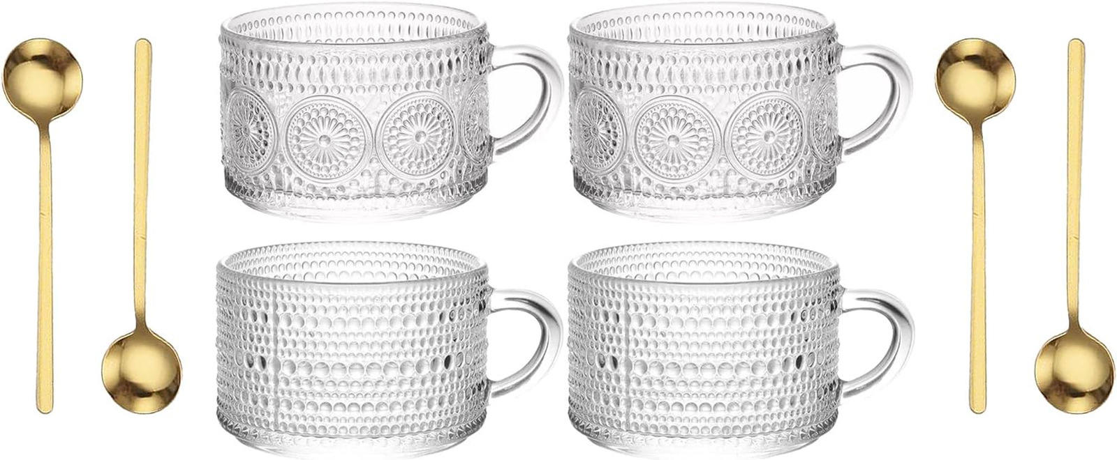 Vintage Glass Coffee Mugs 14 Oz Set of 4 Embossed Glass Cups for Tea, Coffee Mug
