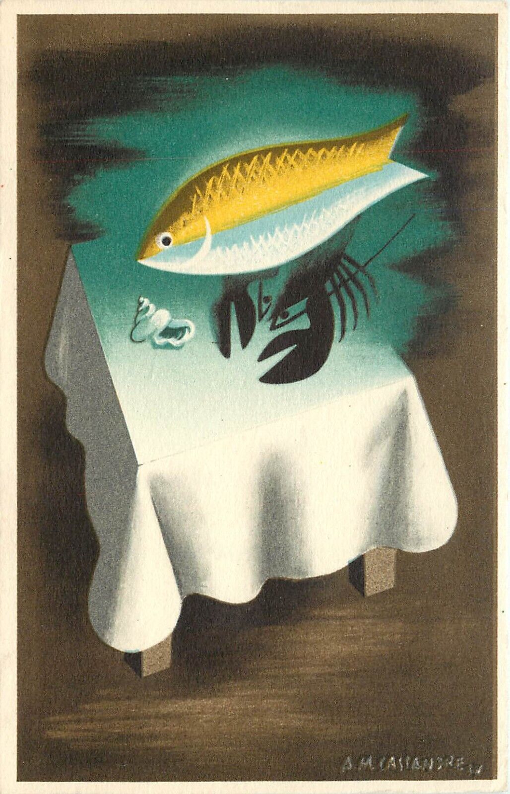 Cassandre 1930s Advertising Art Postcard Maison Prunier Paris Seafood Restaurant