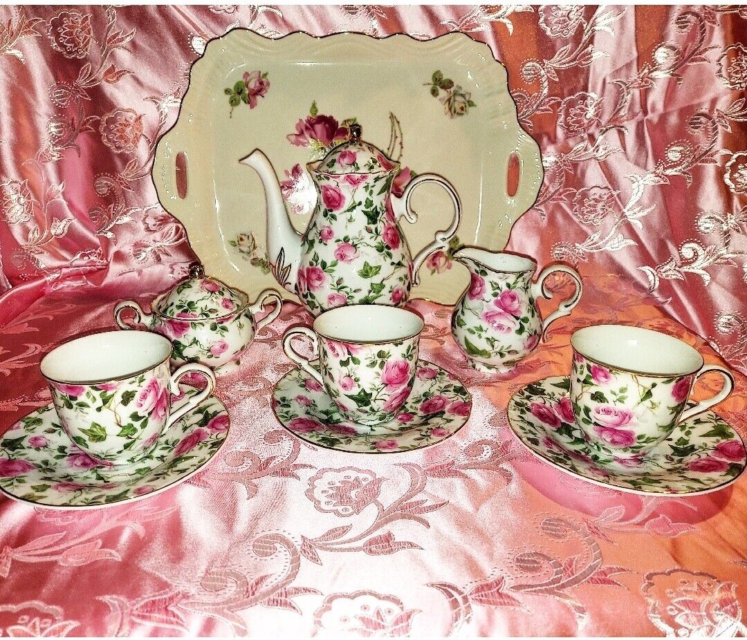 Victoria's Garden Pink Wine Rose Teapot and Cup Saucer Set 12 pc vintage 1990