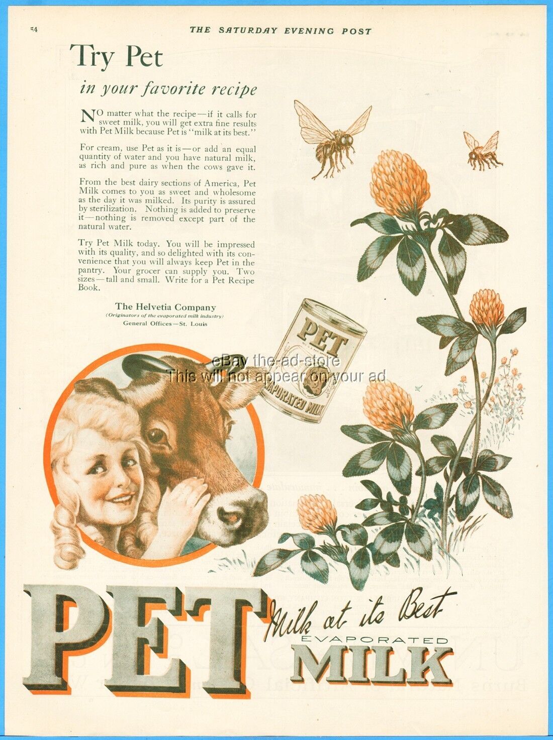 1921 Pet Milk Helvetia Co St Louis MO Honey Bees Clover Vintage Kitchen Decor Ad