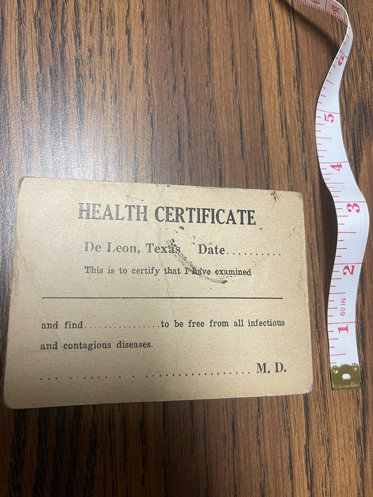 De Leon, Texas TX Old Vintage Blank Health Cert. Infectious Contagious Disease