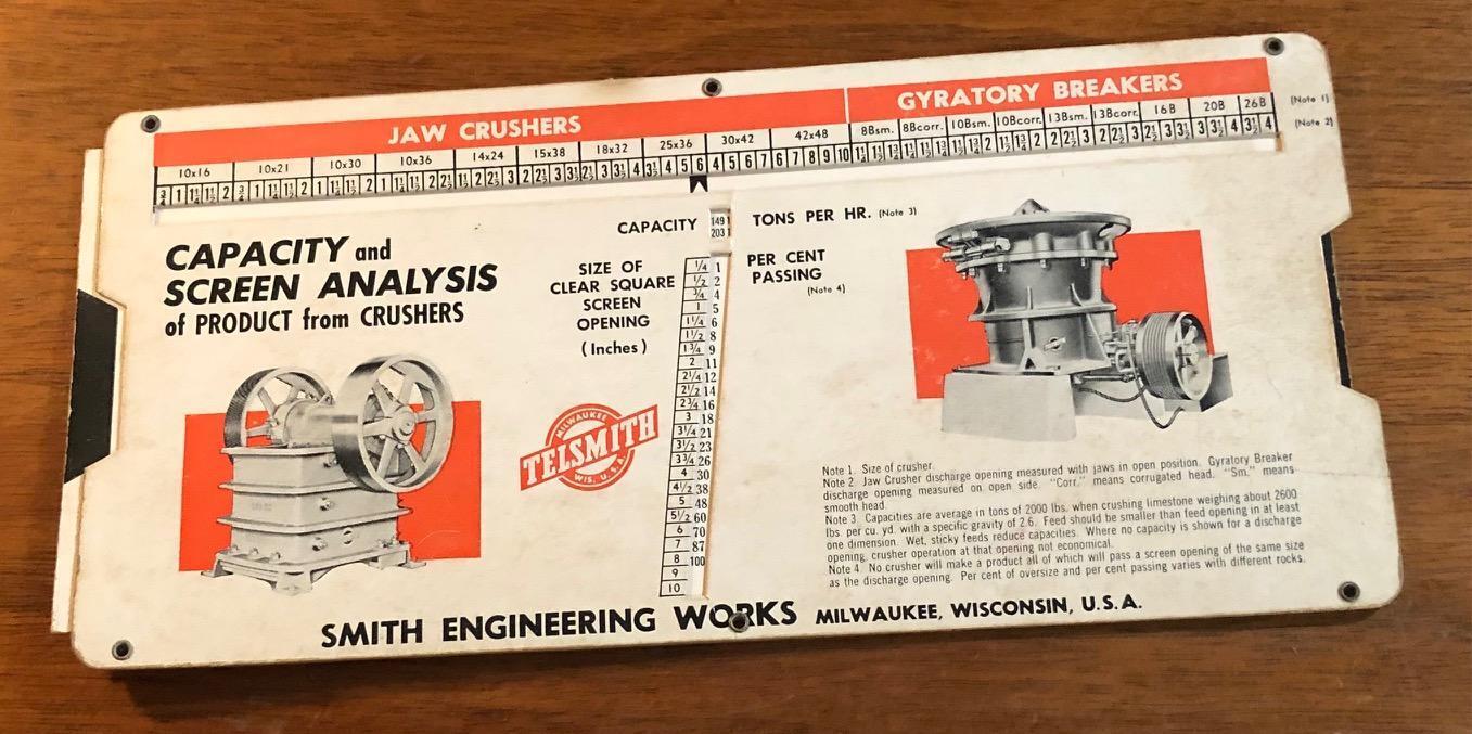 1958 Smith Engineering Works Capacity & Screen Analysis Size Chart