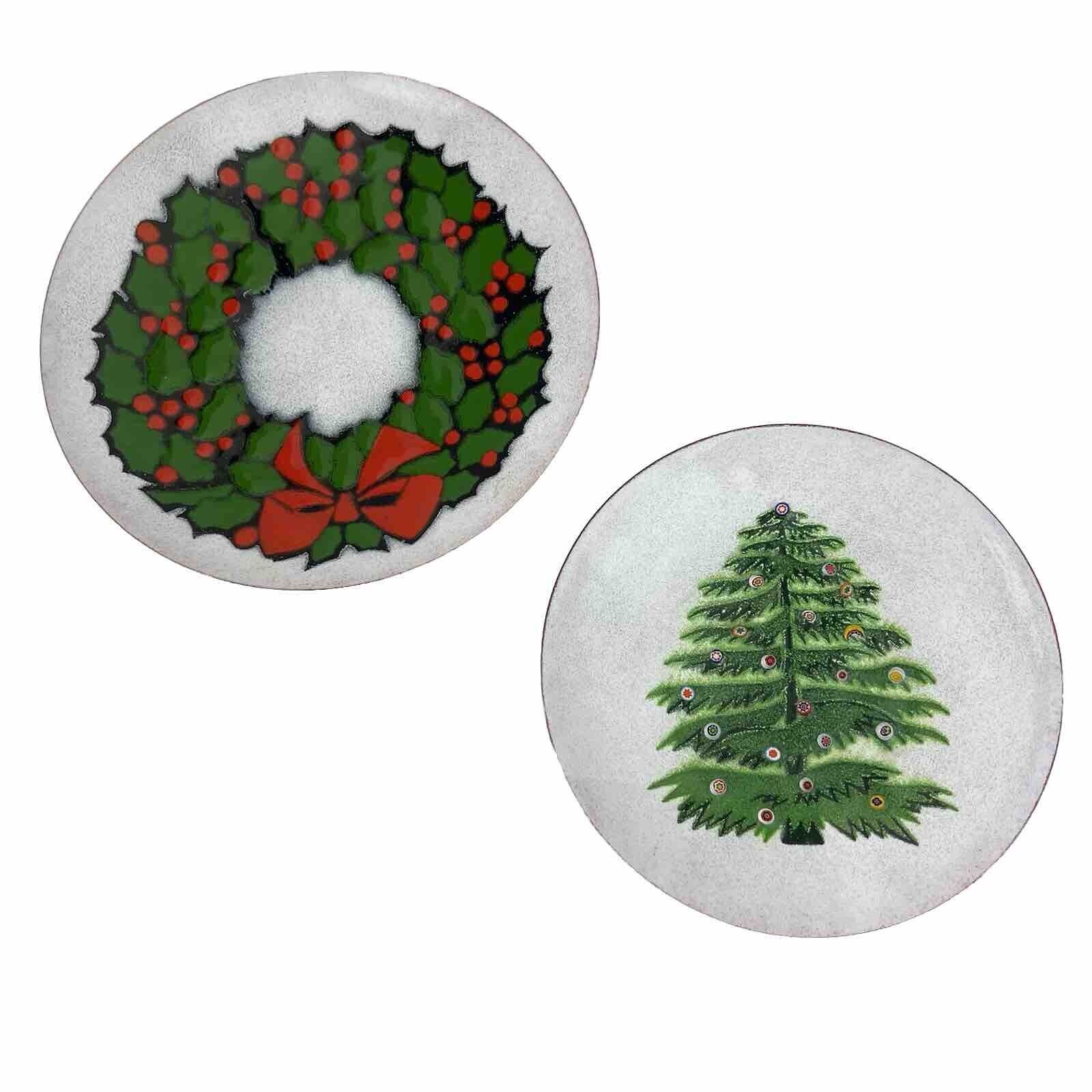 Vtg Annemarie Davidson MCM Christmas tree art plates enameled copper x2