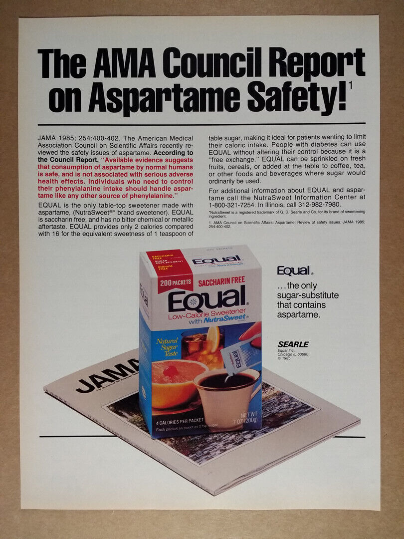 1986 Searle Equal NutraSweet Sweetener Aspartame Safety vintage print Ad