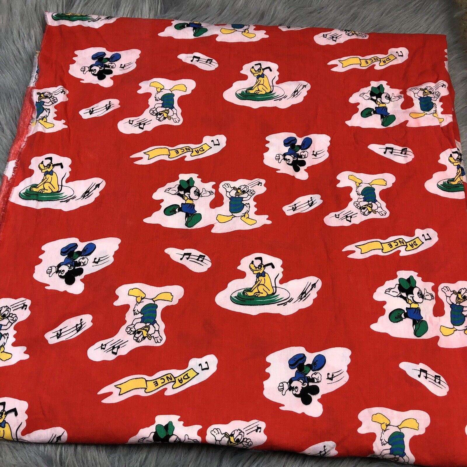 Vintage Red Disney Mickey Mouse Donald Pluto Dance Music Fabric *Read
