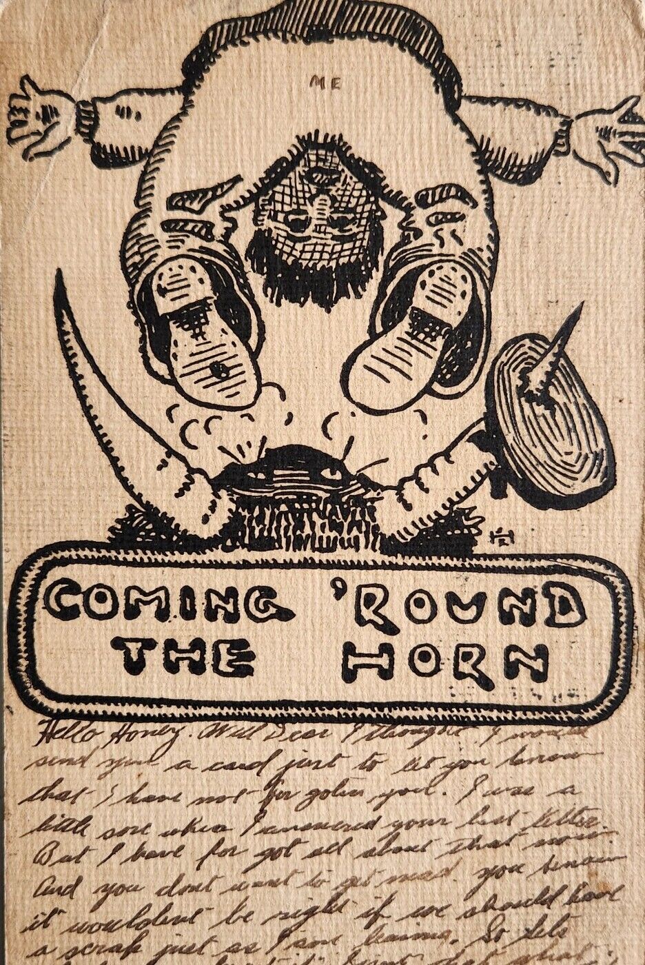 Coming Round the Horn Drawing Man Funny Humorous Postcard Posted 