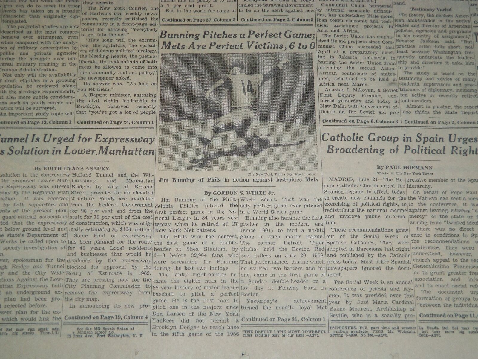 1964 JUNE 22 NEW YORK TIMES NEWSPAPER - BUNNING PITCHES PERFECT GAME - NP 7432