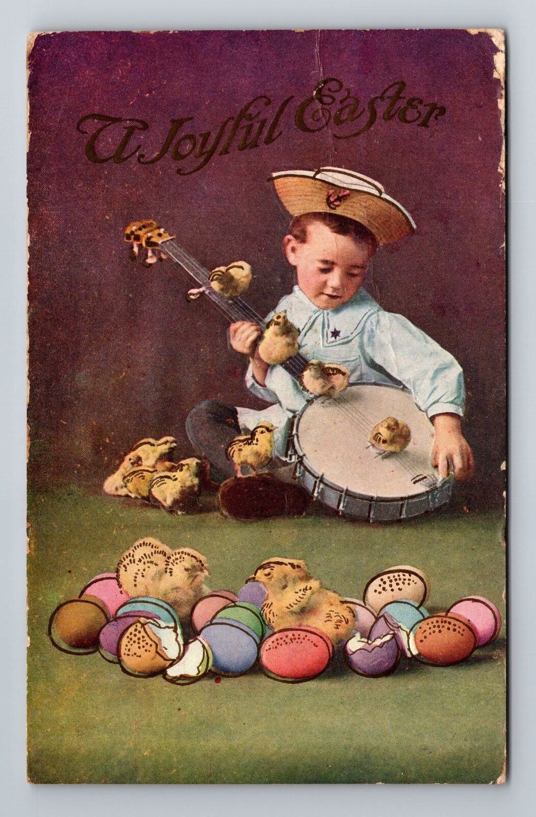 A Joyful Easter, Chicks With Eggs, Embossed, Little Boy Vintage c1912 Postcard