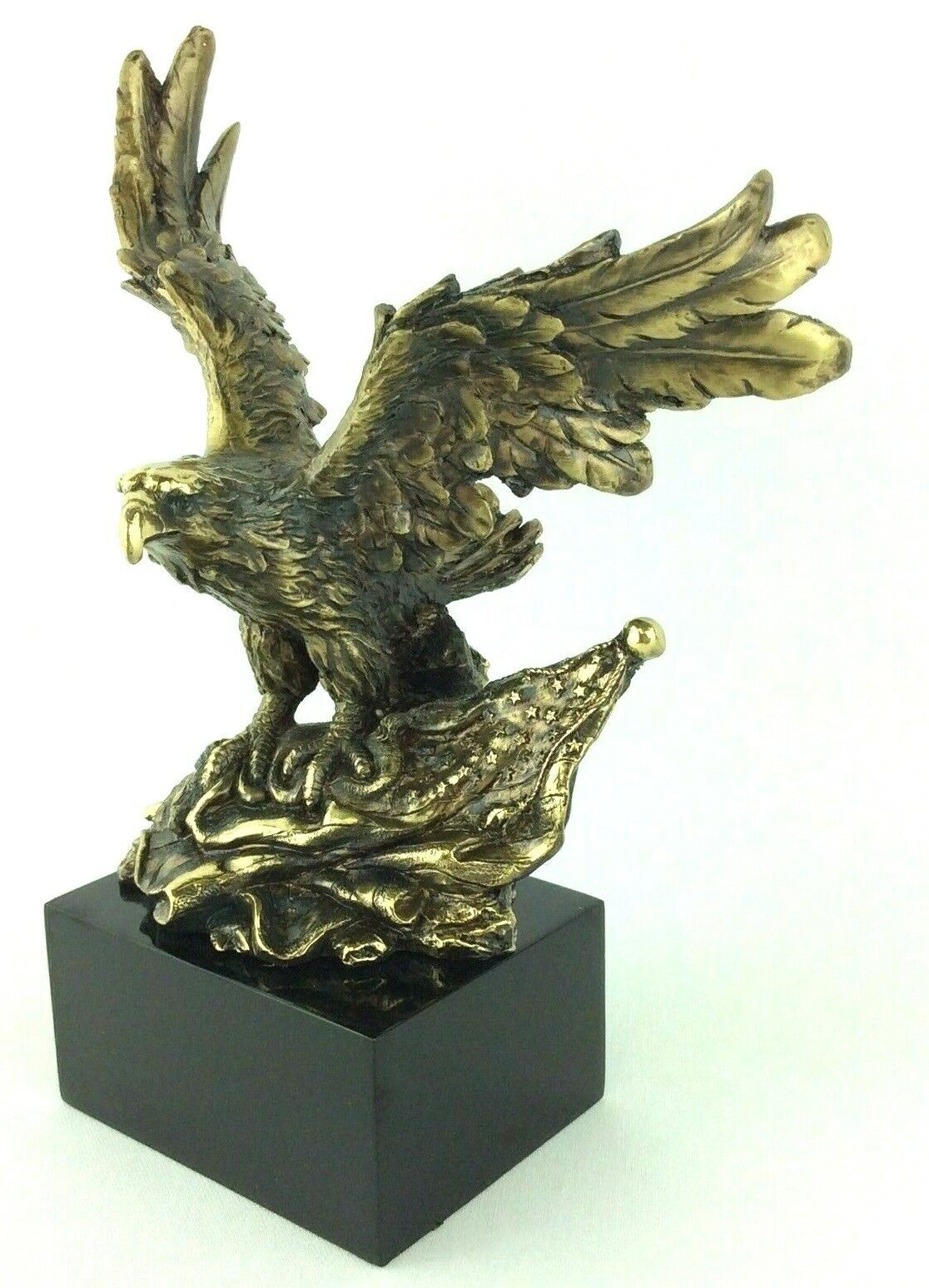 Soaring Eagle Clutching American Flag Figurine Gold Resin Finish New