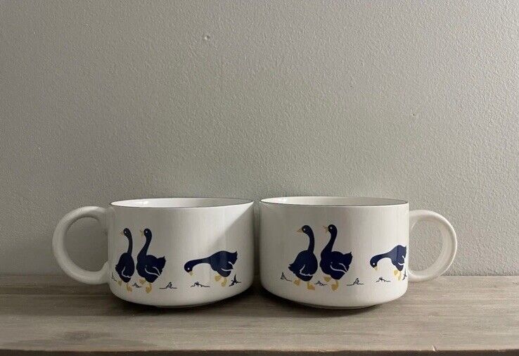 VINTAGE Artmark Blue & White Goose Soup Mug 16 oz - SET OF TWO.