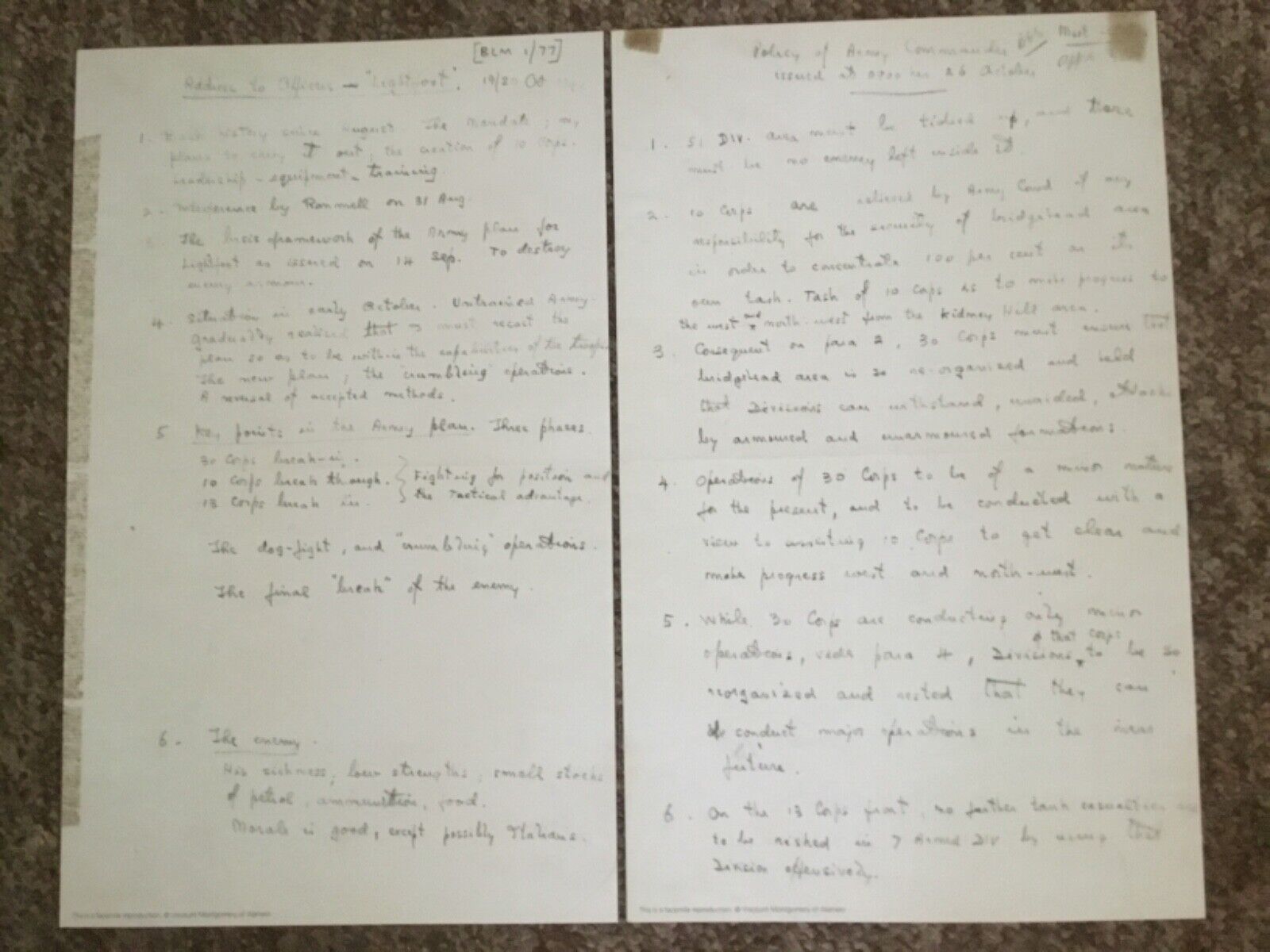 1942 WWII ORDERS OF GENERAL BERNARD MONTGOMERY FOR 3RD DAY OF 2ND ALAMEIN BATTLE