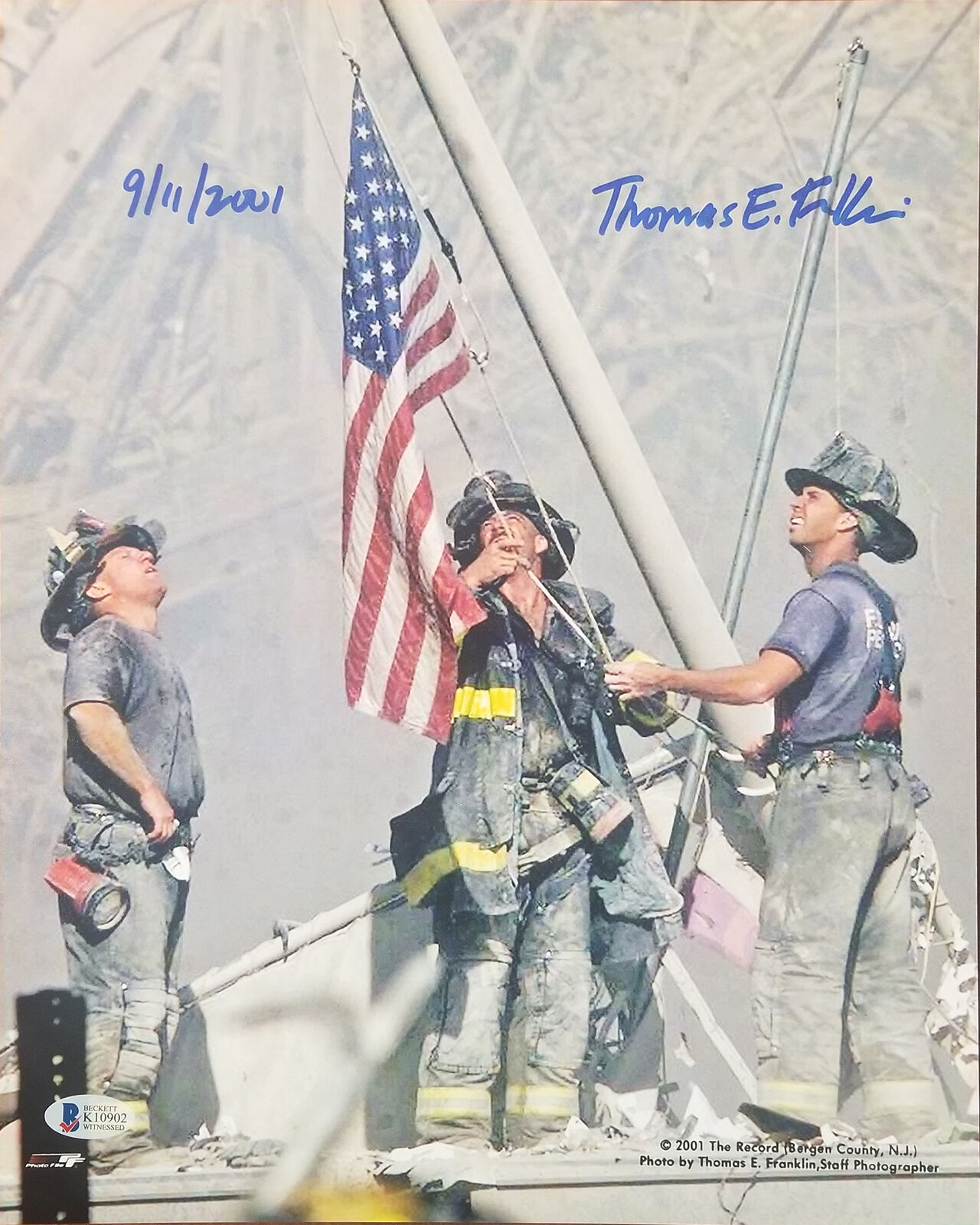 Thomas E. Franklin Signed 11x14 Firefighters Raising Flag 9/11 Photo BAS