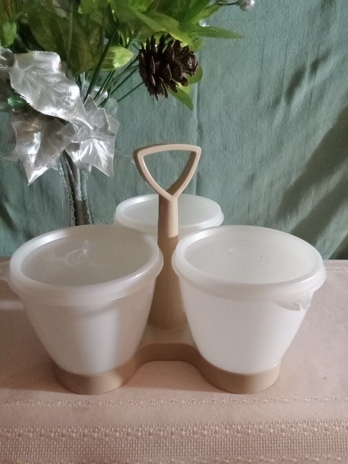 Vintage Tupperware Caddy Condiment Relish Set of 3 Containers With Lids 