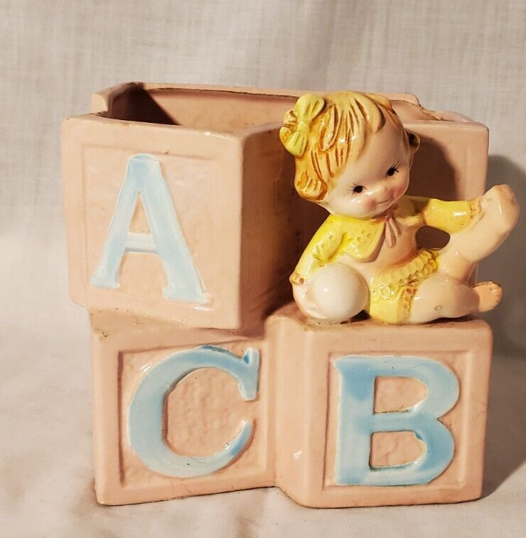 Vintage A B C Blocks Nursery Planter Baby Girl Pink Ceramic 