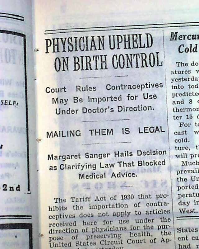 Birth Control Begins in America Margaret Sanger Court Ruling 1936 old Newspaper