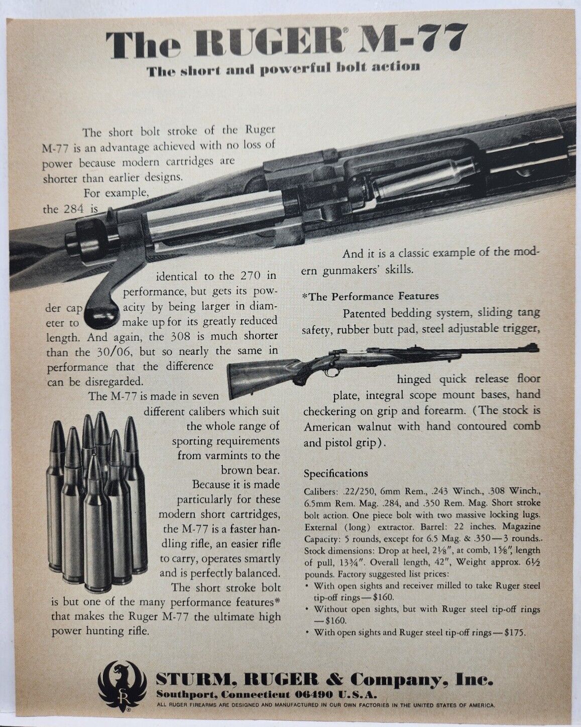1970 Sturm Ruger M-77 Rifle Hunting Vintage Print Ad Man Cave Southport CT 70\'s