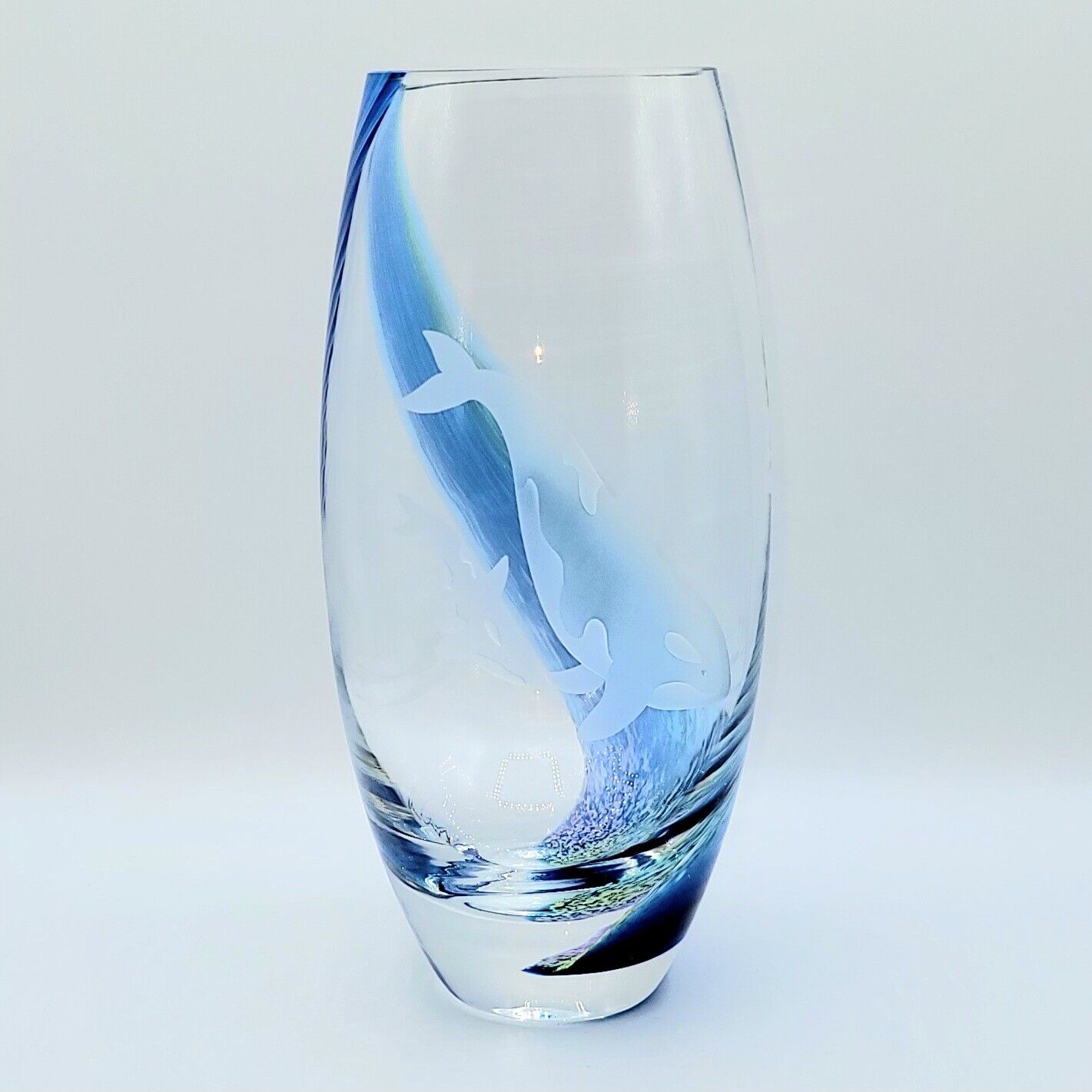 Lenox Caithness Scotland Etched Dolphin Blue Paradise Mouth Blown Art Glass Vase