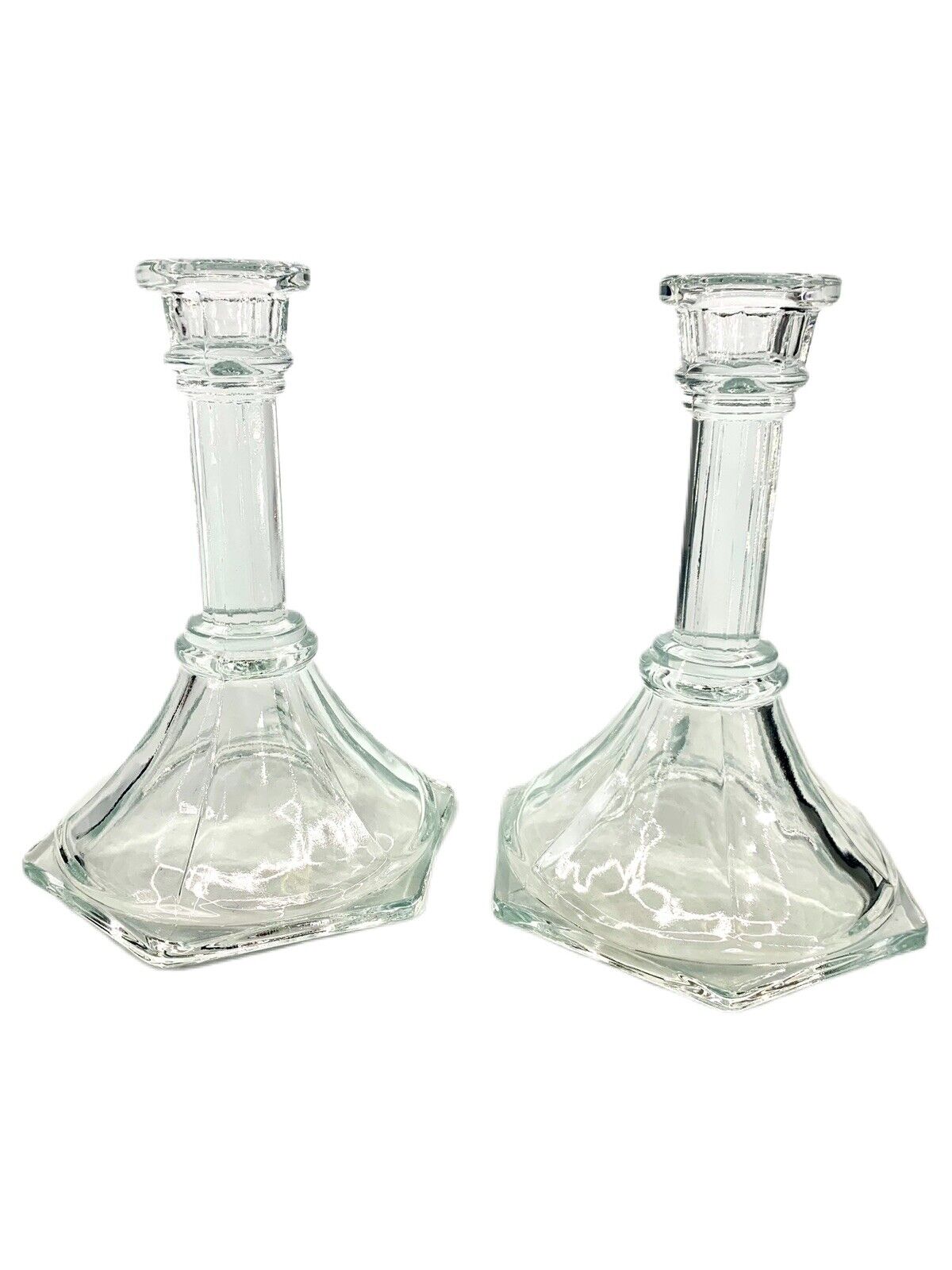 2 Vintage (pair) HOMCO Crystal Candlestick Holders 6” Ribbed Stem, Hexagon Base