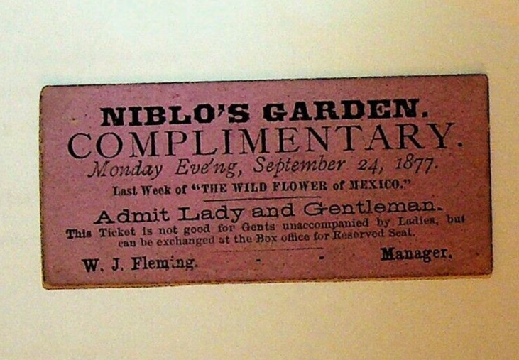 Niblo\'s Garden Complimentary Ticket September 24 1877 New York City