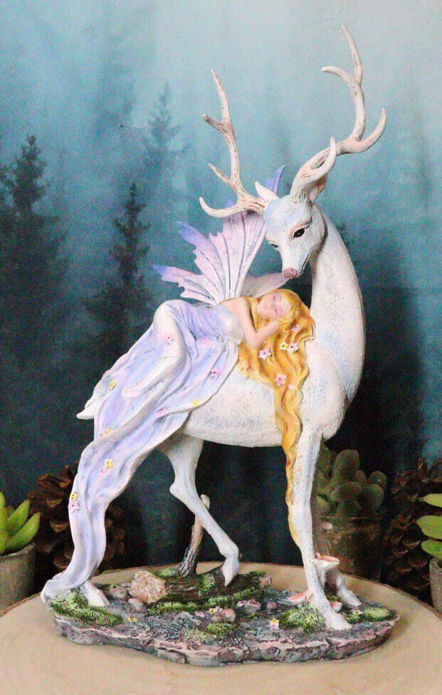 Ebros Large Blonde Fairy Sleeping On Sacred Capiz Blue Pearl Stag Elk Statue