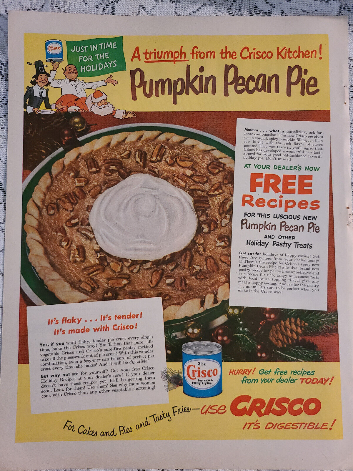 Large Vintage 1948 Ad Advertising Crisco Pumpkin Pecan Pie Retro KItchen Art