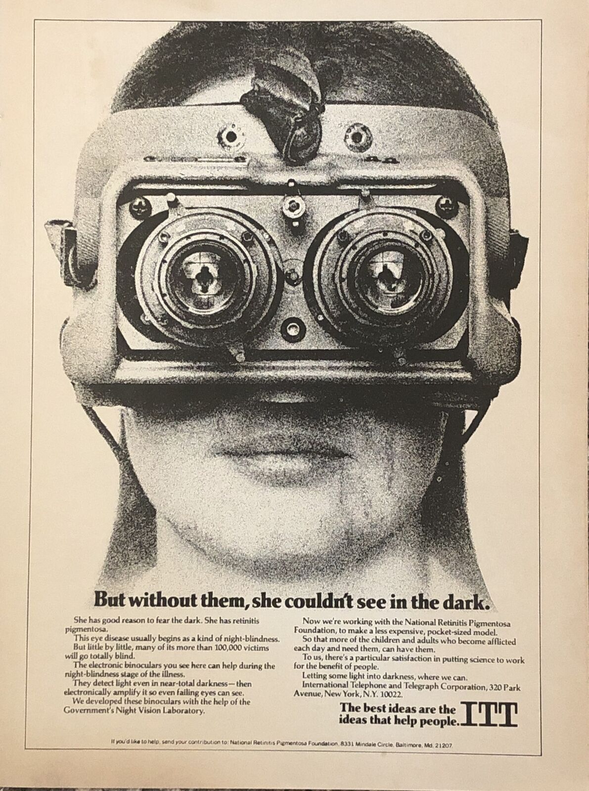1974 ITT VTG 1970s 70s PRINT AD Retinitis Pigmentosa Electronic Binoculars Eyes