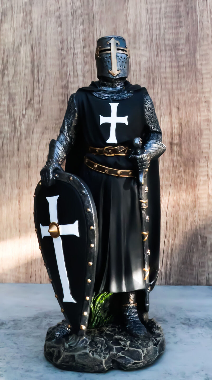 Ebros Black Cloaked Crusader Knight Of The Cross with Sword Shield Statue 11.5\