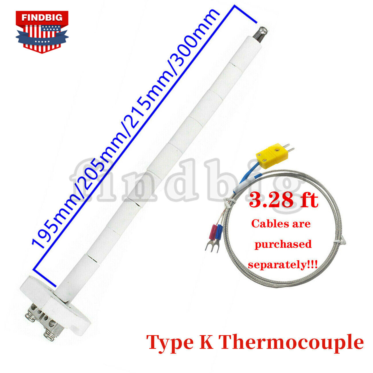 US NEW High Temperature Type K Thermocouple Core Ceramic Kiln Probe 2372°F