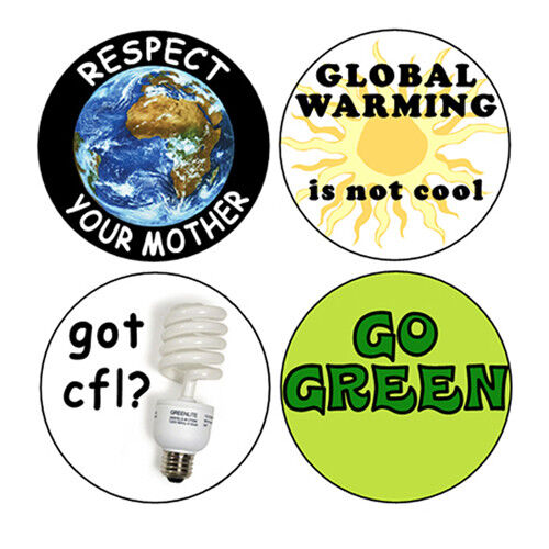 GO GREEN button set pins Eco Earth Day Recycle CFL global warming climate change
