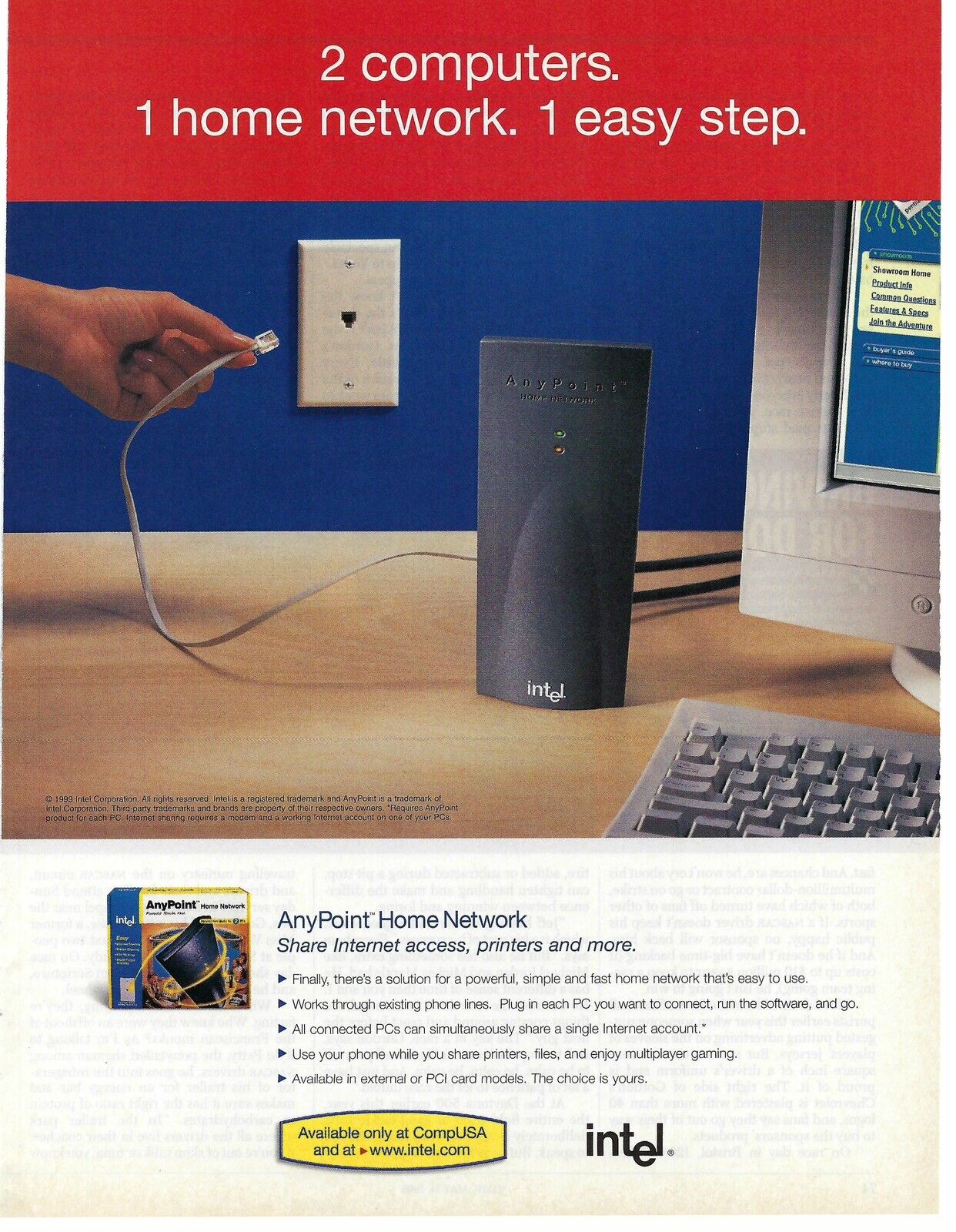 1999 Intel AnyPoint Home Network 2 Computers Vintage Magazine Print Ad/Poster