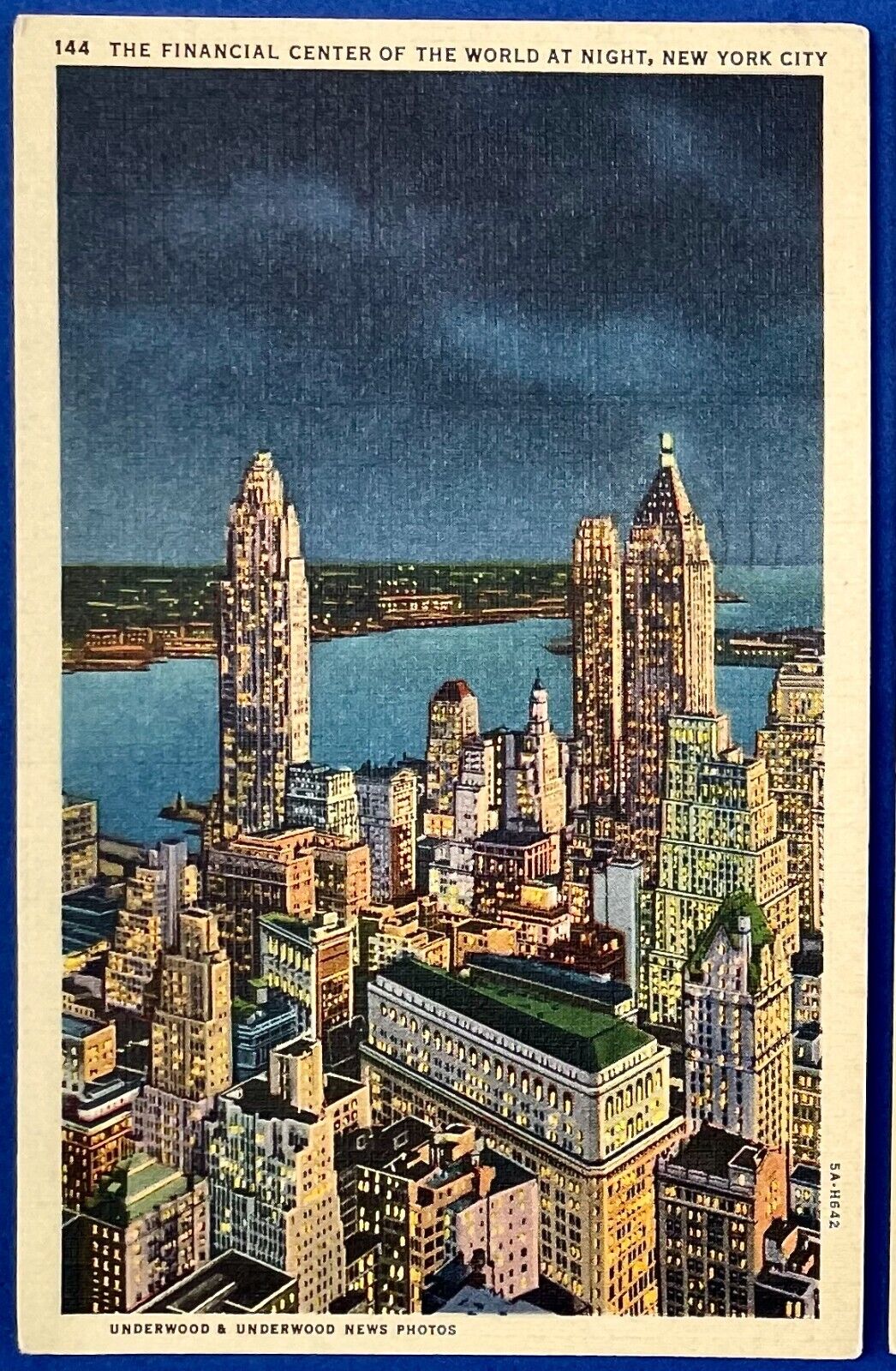 Financial Center of the World Night 1939, Vintage New York City Postcard, Linen