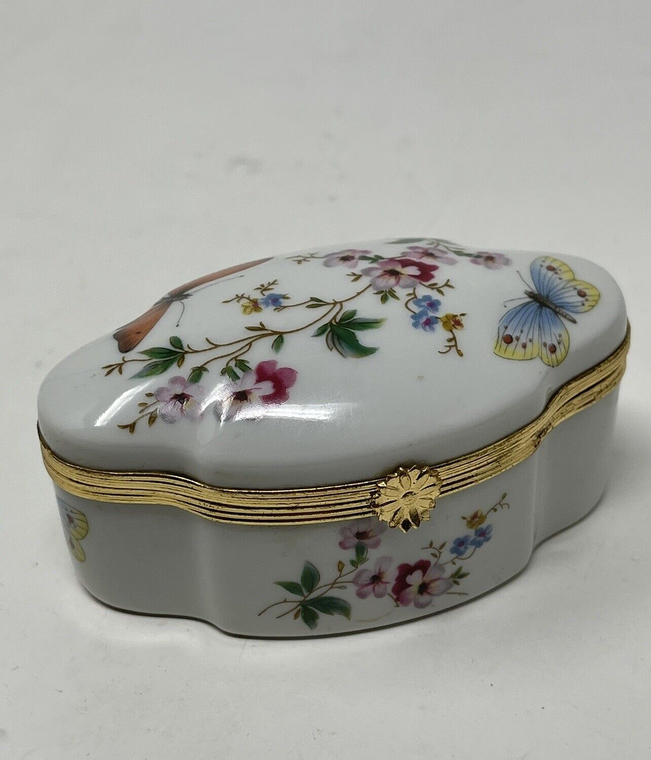 Vintage Limoges Hand Painted Floral Butterfly Porcelain Hinged Trinket Box