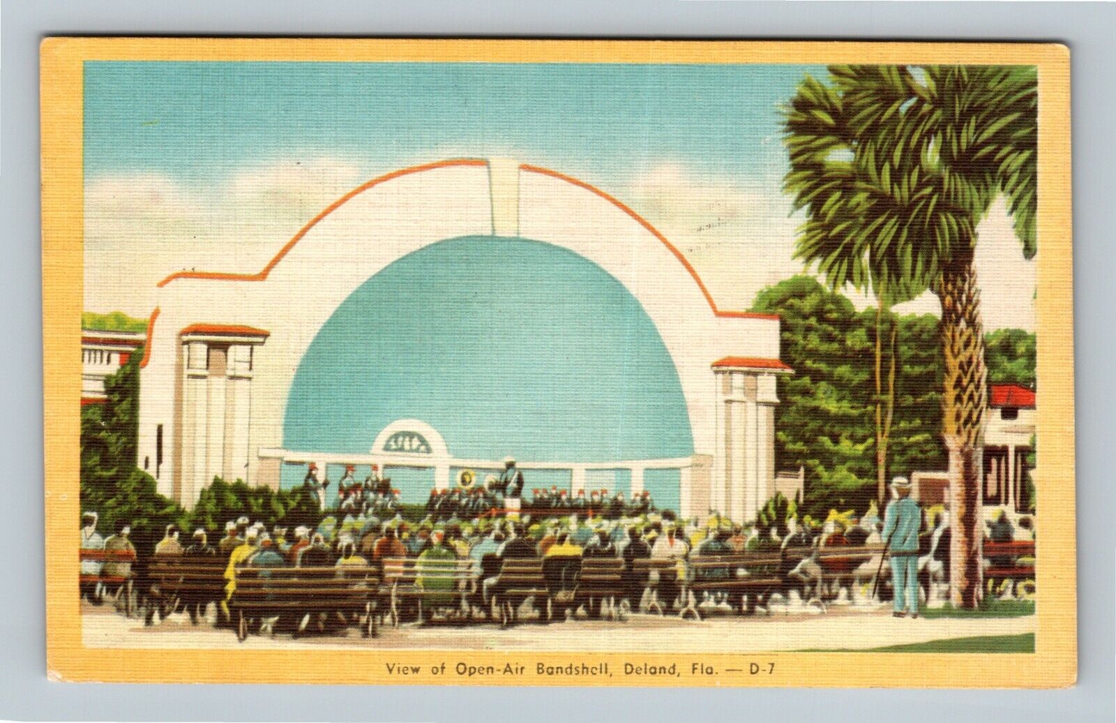 Deland FL, View Of Open Air Bandshell, Linen Florida c1947 Postcard
