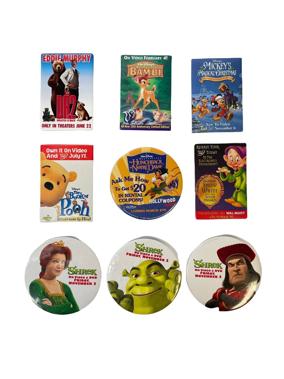 Lot Of 9: Hollywood Video Movie Rental Pins Buttons Shrek, Bambi, Mickey, Pooh
