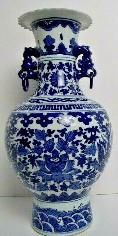 Chinese Porcelain Vase/Urn White/Cobalt Blue Lotus Phoenix & Scroll Foliage EUC