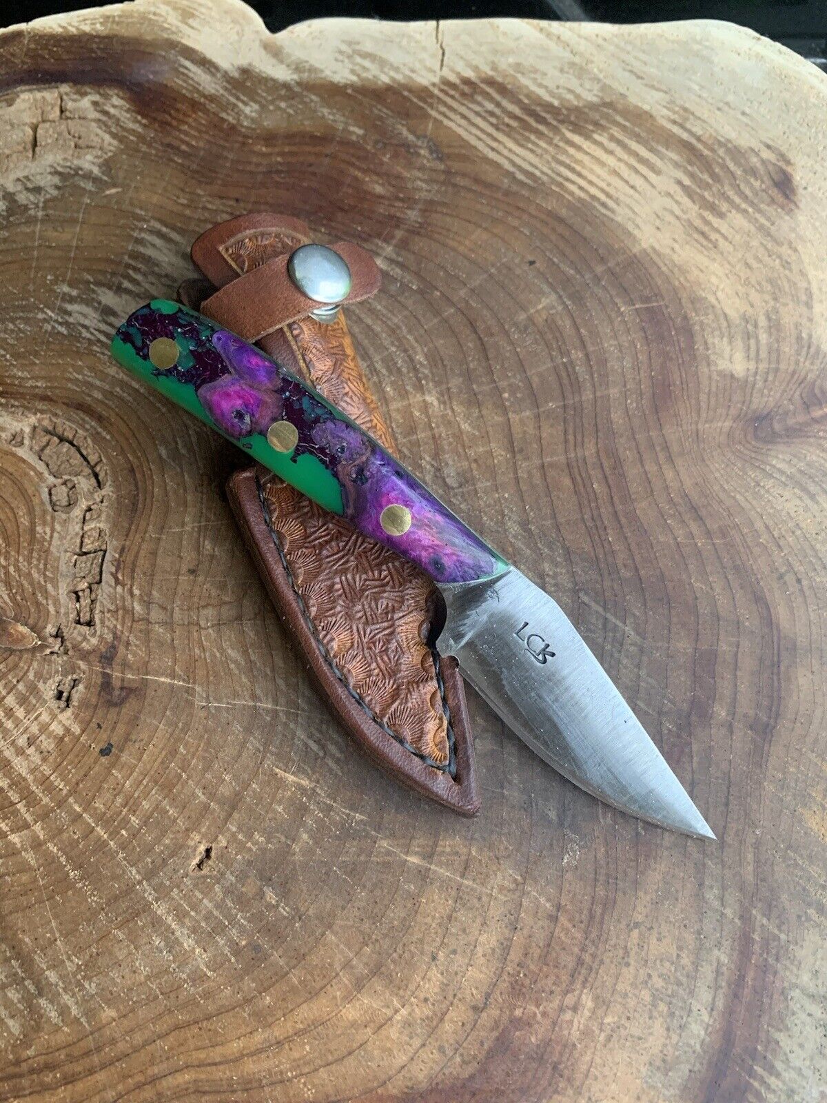 Hand Forged Purple Burl Green Resin EDC Knife