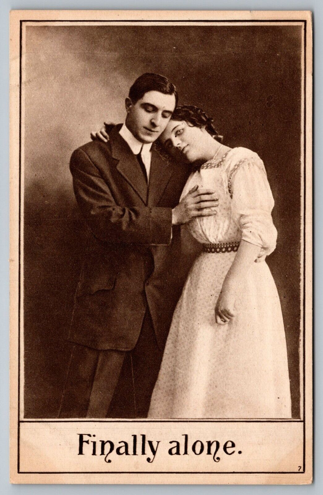 Postcard Studio Card Finally Alone Man Holding Woman's Breast Risque Sex c 1910